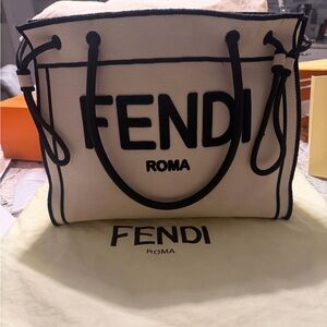 Fendi Cream and Black Logo Tote